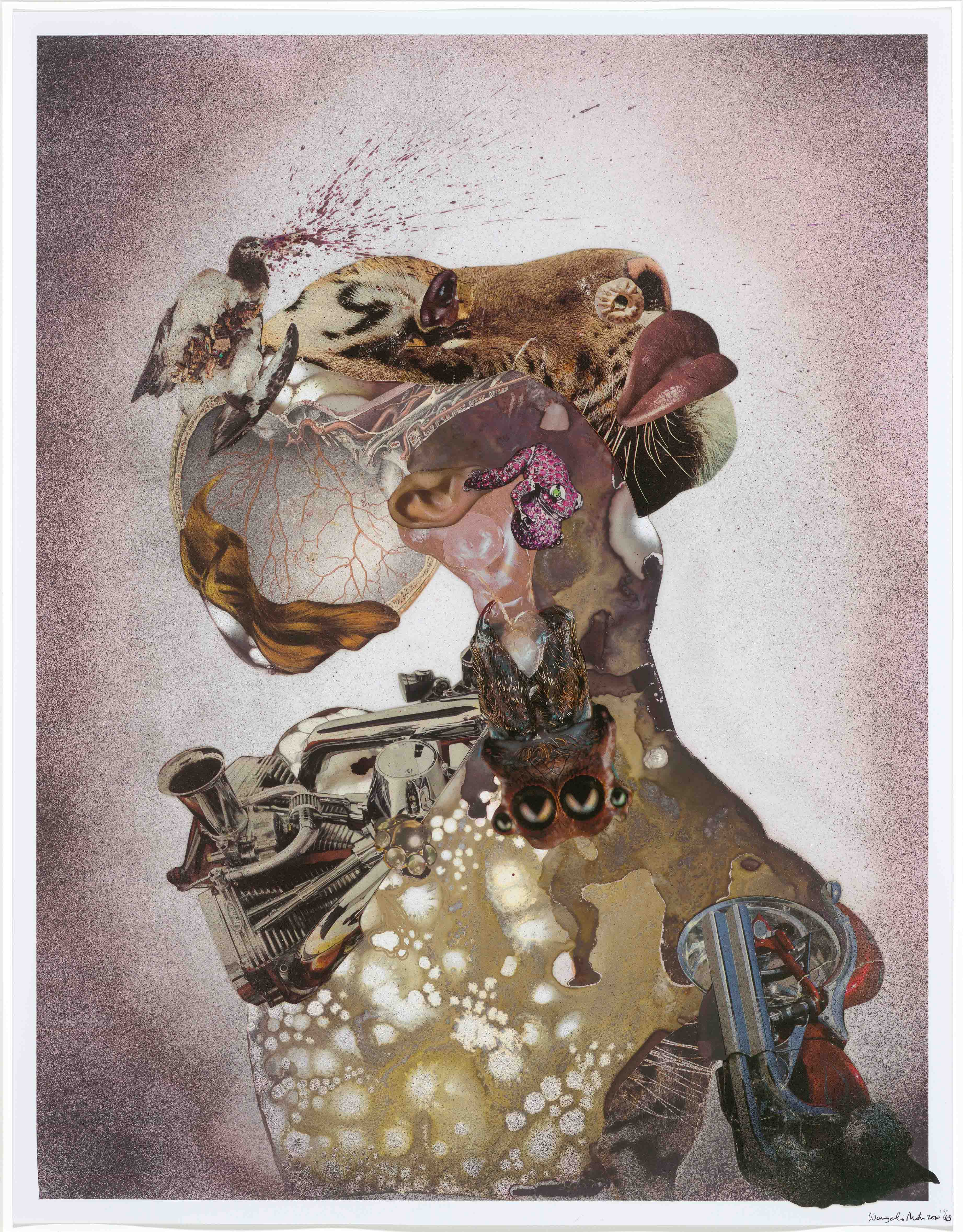 A surreal, complex collage on a pink-speckled background, creating a fragmented bust of a figure. The head is composed of a leopard's snout and lip, a bird, an ear, and what appears to be an internal organ. The chest is a mix of mechanical parts, including engine components and what resembles a gun.