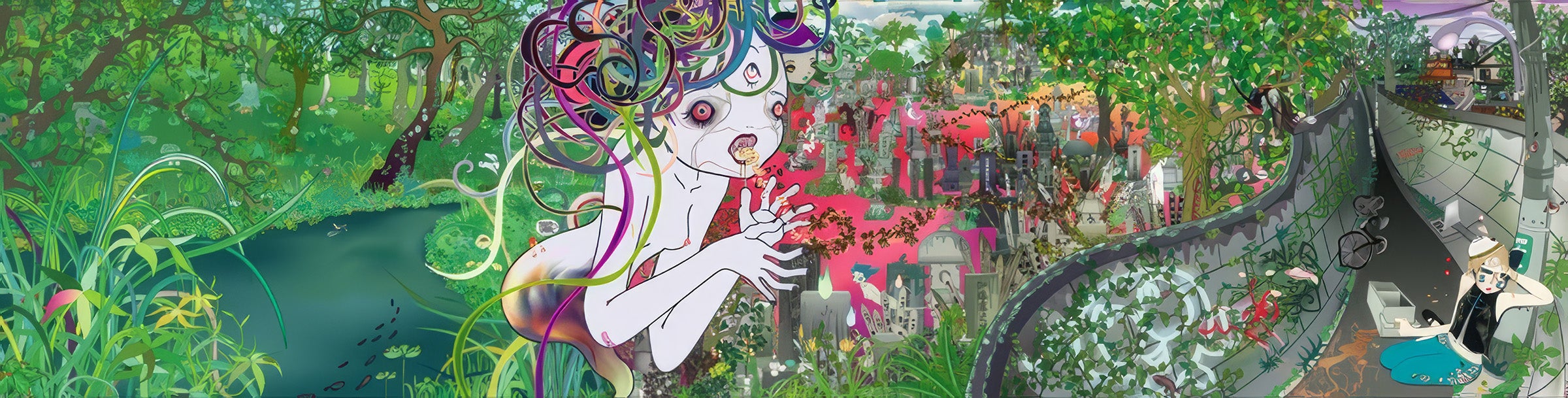 AOSHIMA Chiho 青島千穂 (born 1974). Japanese; Heisei period, 2004. Sublime Grave Dweller Shinko. Chromogenic print, Edition 1/6, 30 x 118 ⅛ inches. Loan from John L. Bloch, L2012:93.1 A panoramic, dreamlike digital illustration depicts a vibrant yet unsettling landscape. On the left, a lush green forest with a dark river flows, transitioning to a central, pale-skinned, androgynous figure with wild, colorful hair, bared teeth, and wide, red eyes. To the right, the scene shifts to a chaotic graveyard with intricate tombstones and a winding, overgrown road, where a small figure sits observing the scene.