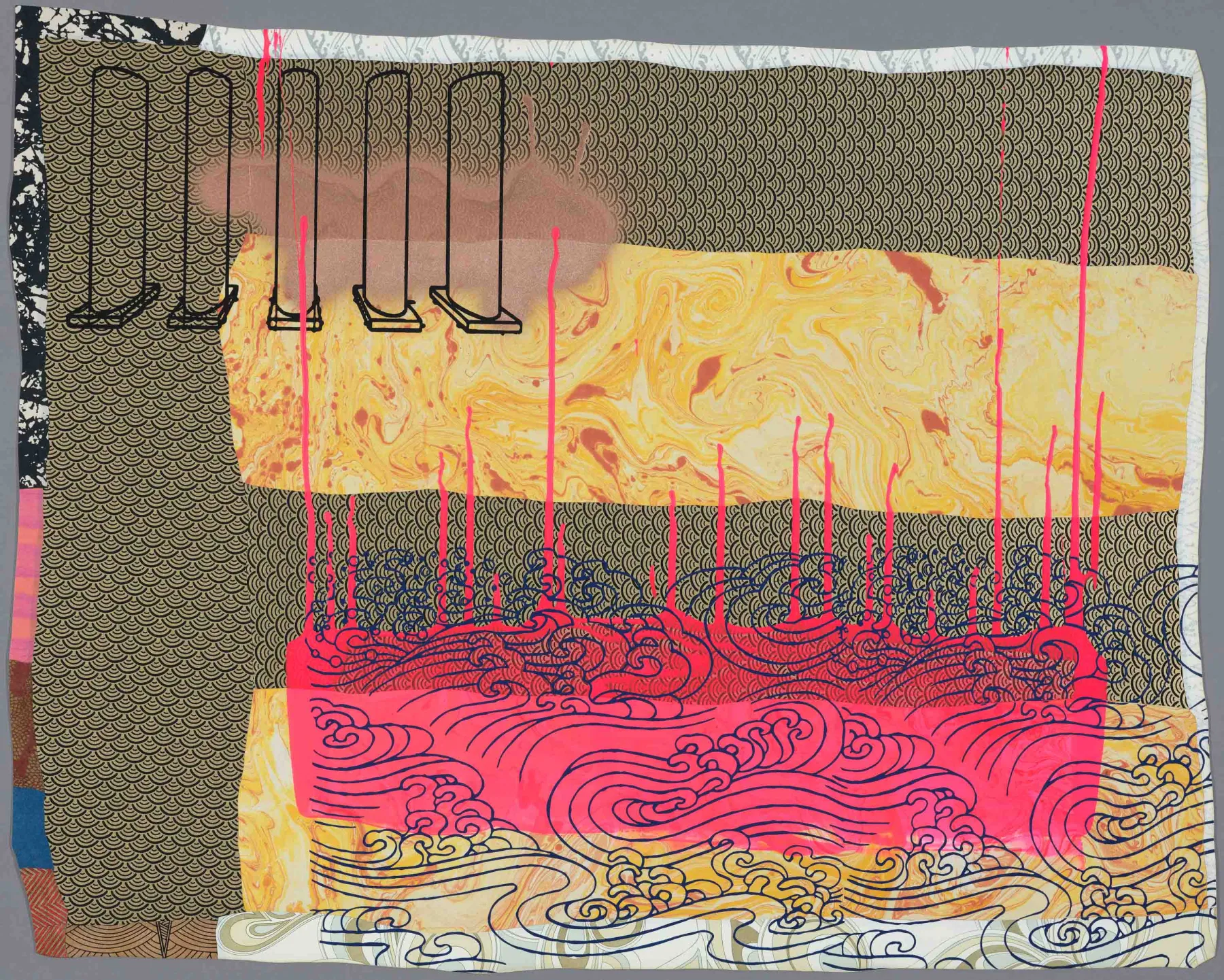 An abstract piece combining printmaking and collage. It is dominated by horizontal bands of patterned paper: black and gold geometric and wave designs, a marbled yellow section, and a central layer of bright pink with thick, blue outlines of water. Four black swing outlines are visible at the top left.