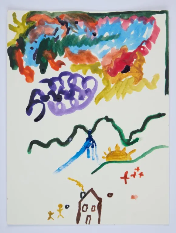 A child-like drawing on a white piece of paper. The top of the drawing features a multicolored abstract shape with splotches of blue, green, red, and yellow, resembling a cloud or a sky. Below this, there are scribbled purple and dark green lines, with a blue line representing a waterfall. A small yellow sun is drawn to the right. At the bottom, a small brown house with a chimney is shown with a wisp of smoke coming out. Two stick figures are near the house. There are three red plus signs to the right of the house.