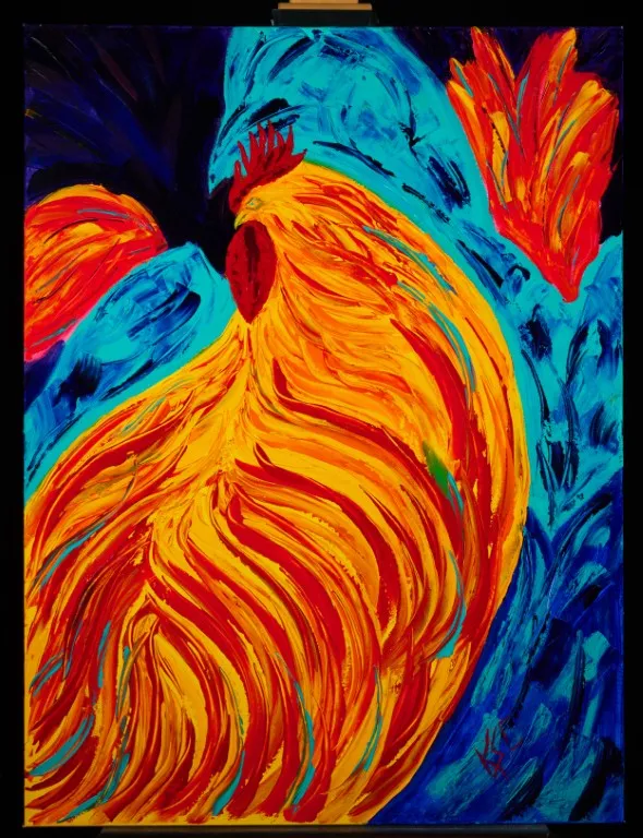 A vibrant, vertical painting of a rooster. The rooster's body is a mix of bright yellow and orange, with long, flowing brushstrokes that create a sense of movement. The head, comb, and wattle are a solid red. The background is a stark contrast of deep blue and bright turquoise, with broad, sweeping strokes that mimic the feathers. The artist's signature is in the bottom right corner.