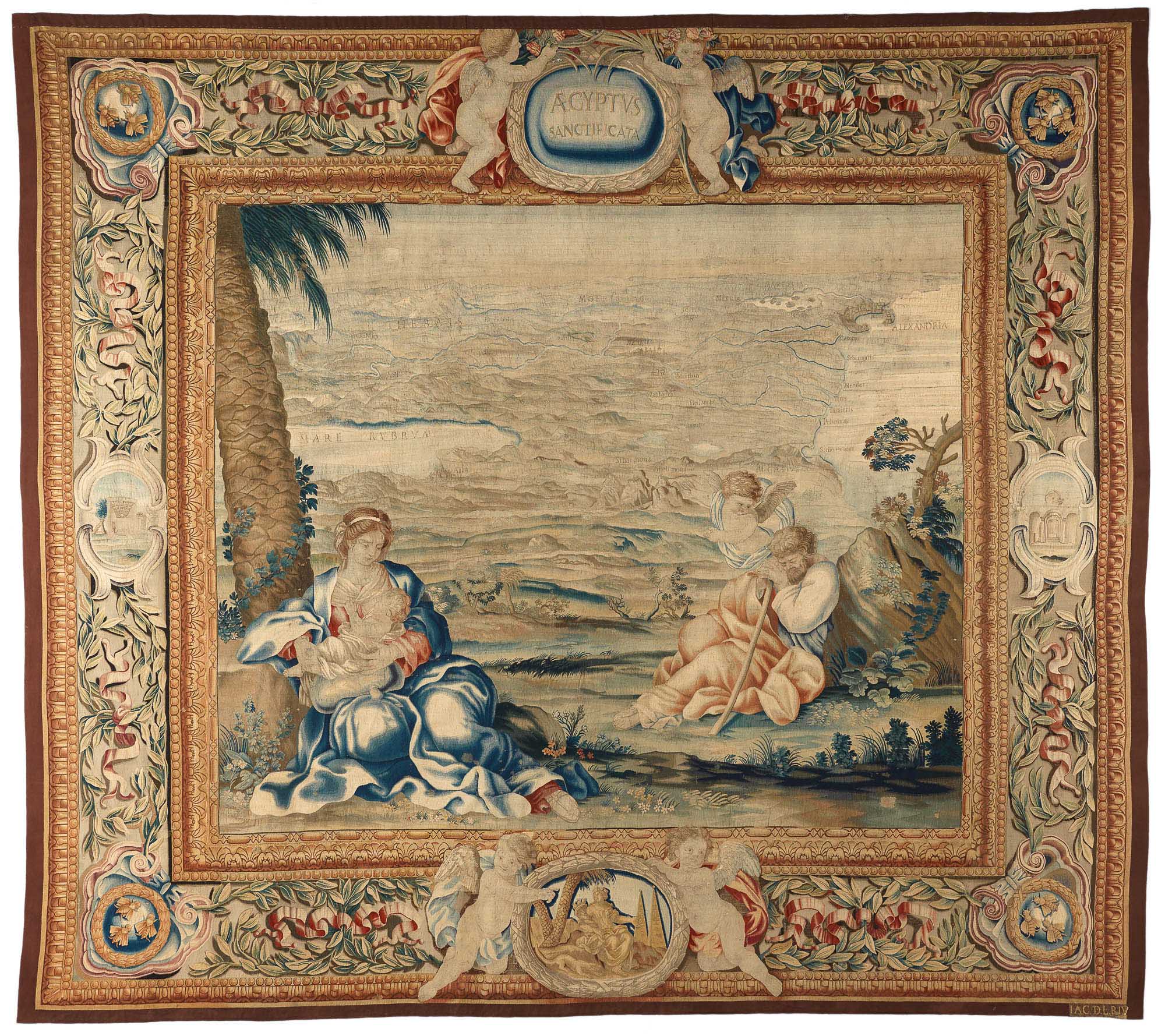 A detailed tapestry depicting the biblical flight into Egypt, with intricate borders and pastoral scenery.