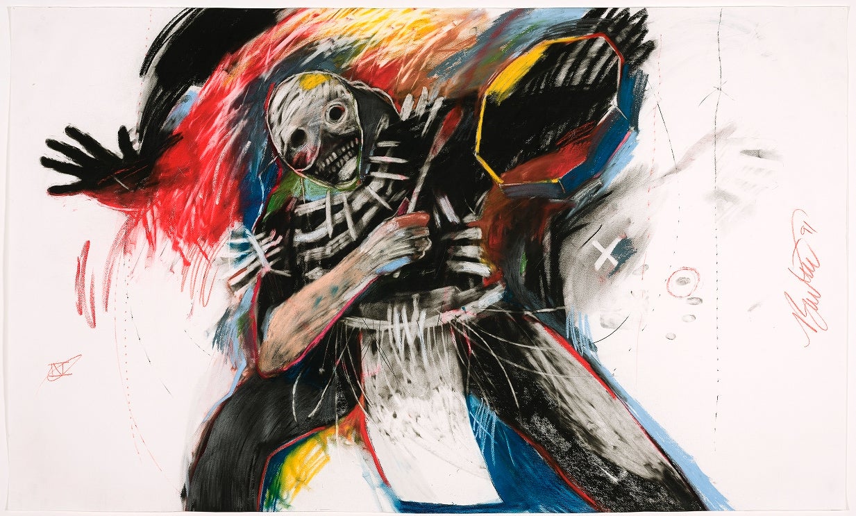 A dynamic mixed-media artwork features a skeletal figure with a distorted, grinning face. The figure, dressed in black with white rib-like markings, extends one arm outward while clutching a red stick or baton. Vibrant, chaotic strokes of red, blue, yellow, and black surround the figure, creating a sense of movement and intensity. A large, hexagonal shape outlined in bold colors appears near the figure’s raised hand. The background is mostly white with sketch-like lines and abstract marks. The artist's sign