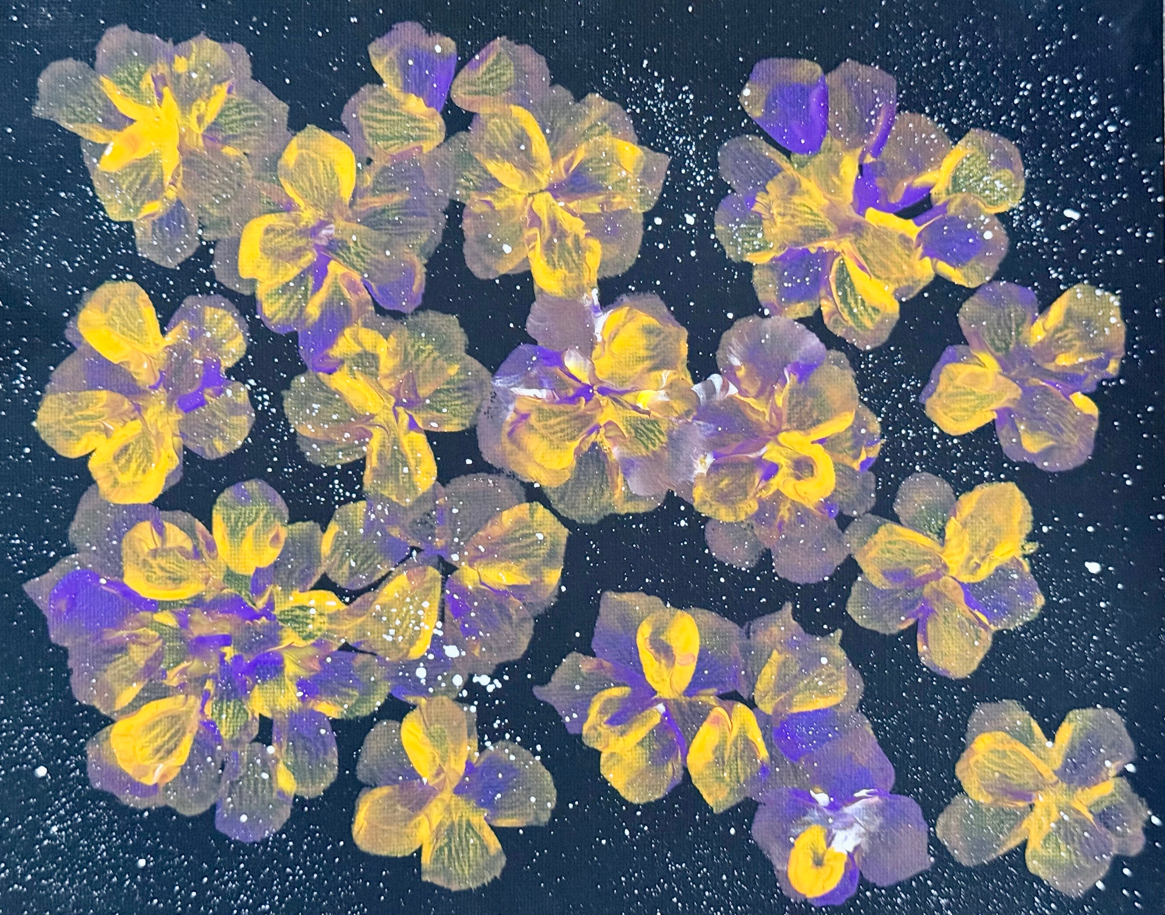 DeWitt King V, Flowers for Lola Blanca Yellow and purple flowers are painted on a dark blue background.