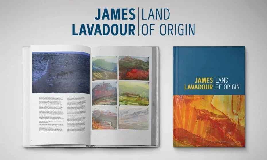 James Lavadour: Land of Origin Book cover for catalog with open book next to it.