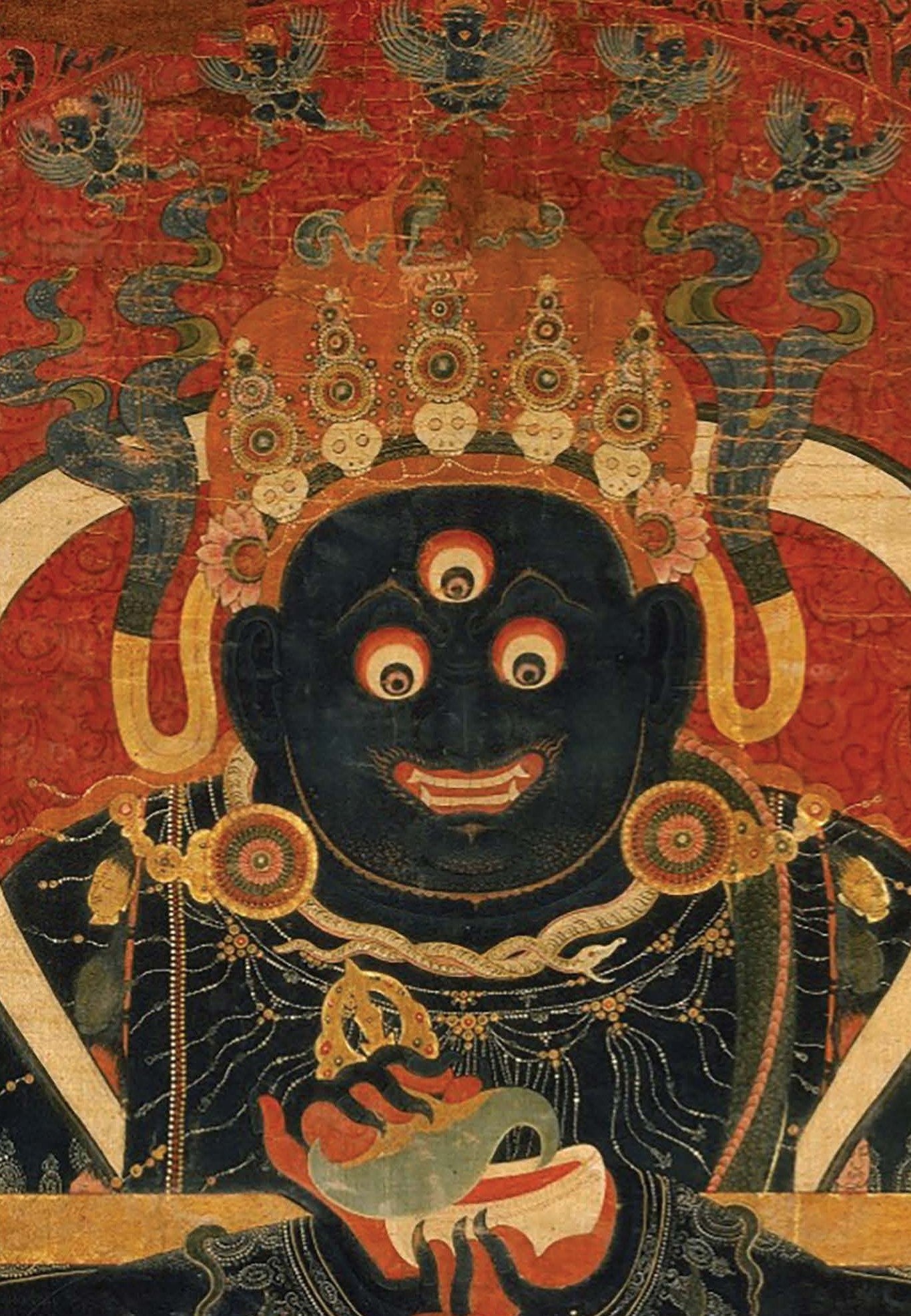 Mahakala as Panjaranatha (detail). Chinese; Ming dynasty, late 15th century. Distemper on cotton, mounted with silk brocade, 50 3/8 x 39 1/16 inches. Museum of Fine Arts, Boston; William Sturgis Bigelow Collection, 12.47