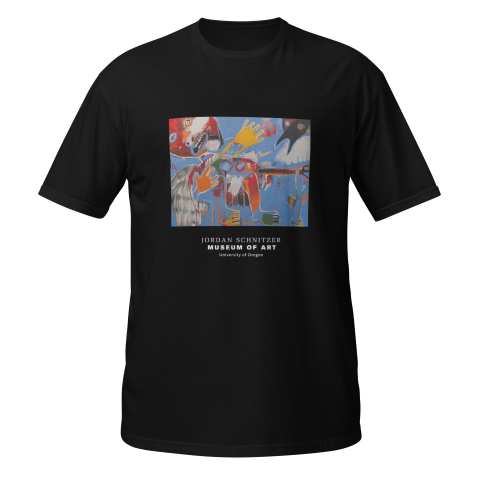 Black tshirt with colorful rectangular artwork on front and text that says Jordan Schnitzer Museum of Art