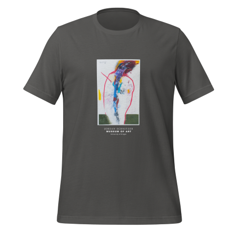 Grey tshirt on white background with rectangular design on front of a stylized bird