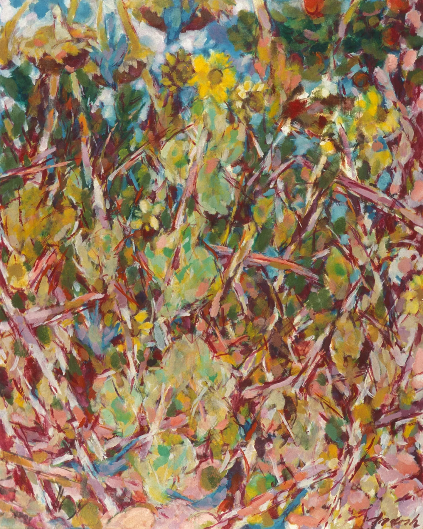 A vibrant, abstract painting of wildflowers and foliage, with bold strokes and bright colors, depicting a dense and chaotic natural scene.