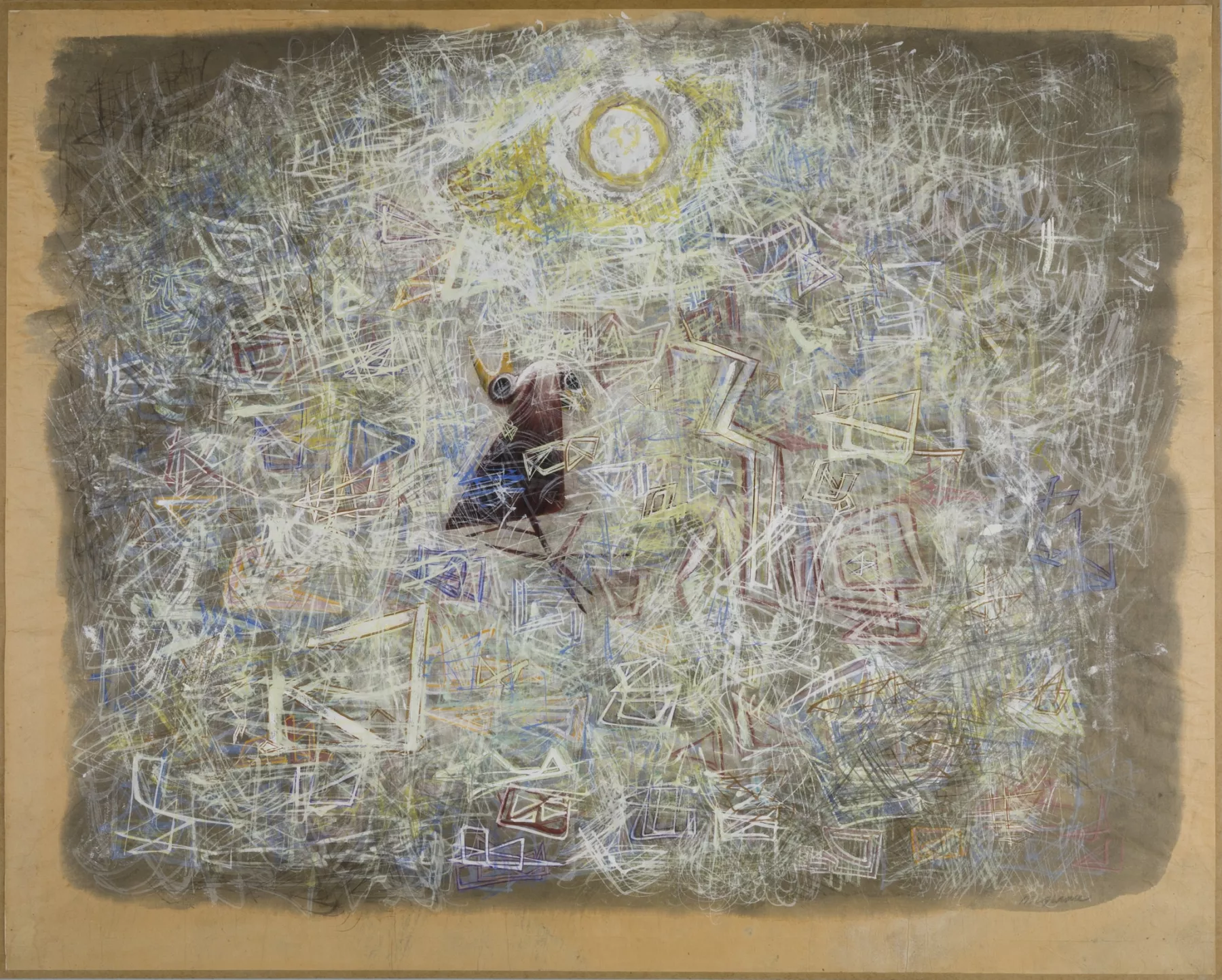 A mixed media artwork featuring a dark, abstract bird-like figure amidst a flurry of dynamic white scribbles and geometric shapes, with a sun-like form in the top right corner.