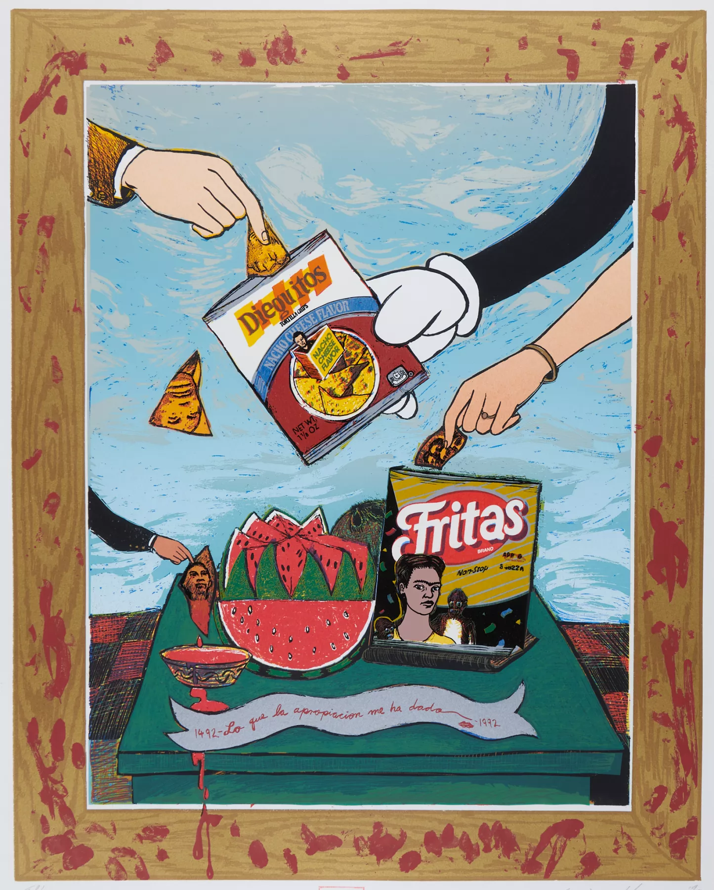 A colorful, surreal artwork featuring a table with two bags of chips—one labeled 'Fritas' with a portrait of Frida Kahlo, and the other 'Dingus' with a similar design. Several disembodied hands reach out to grab chips, with a large bowl of watermelon slices and salsa in the center. The scene is framed with a faux wood texture and splashes of red, resembling paint or blood, with a banner at the bottom containing text in Spanish.