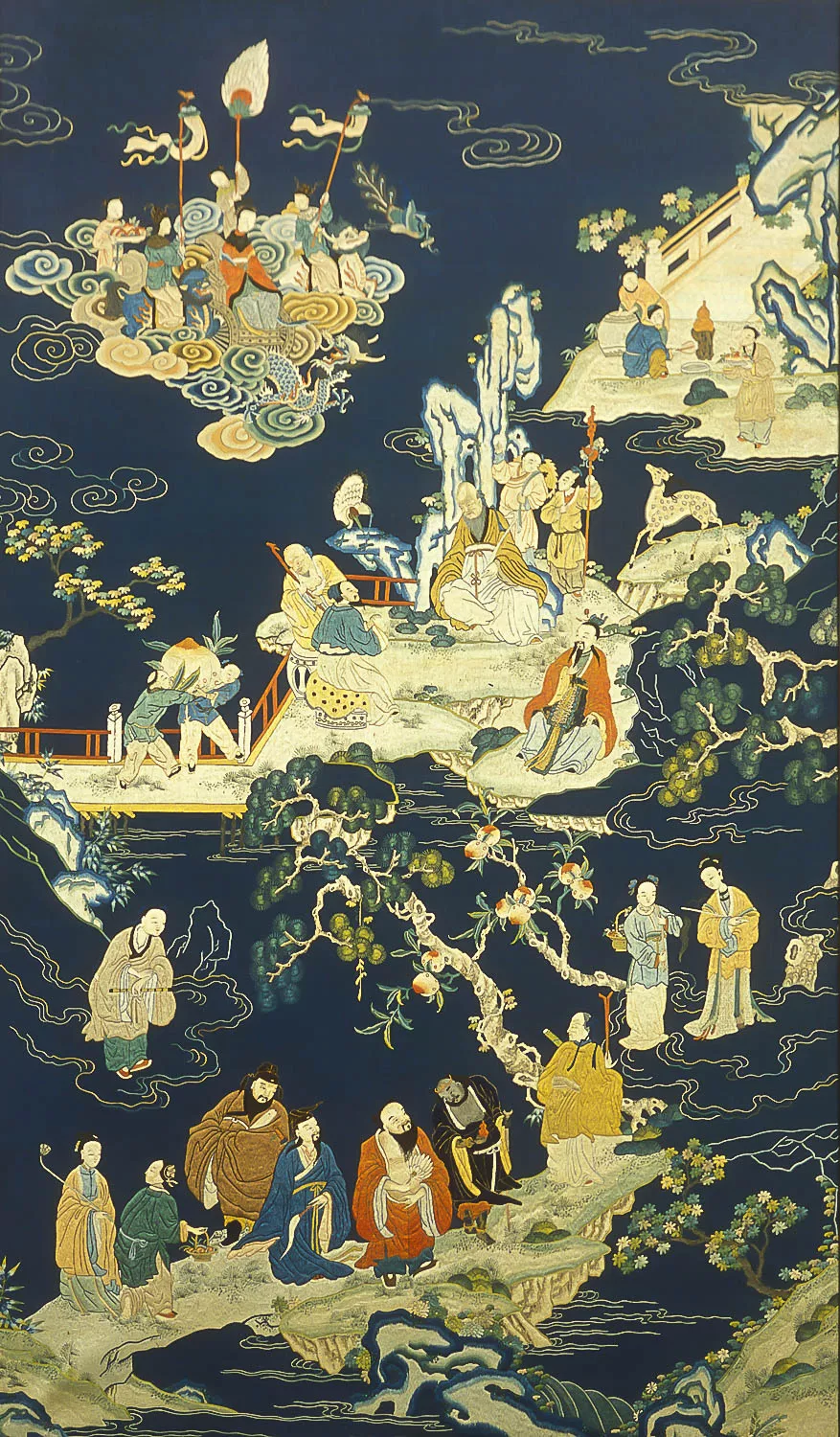 Dark blue Chinese tapestry embroidered with several islands with people on them. A blue wingless dragon pulls a cart with a seated woman toward the central island.