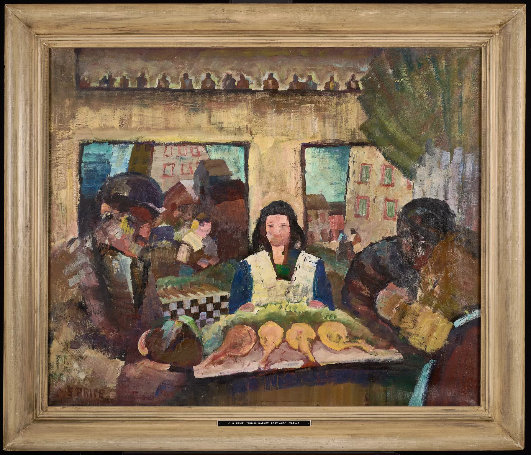 An oil painting depicting a public market scene with a central female figure surrounded by people and various goods, framed by an ornate wooden border.