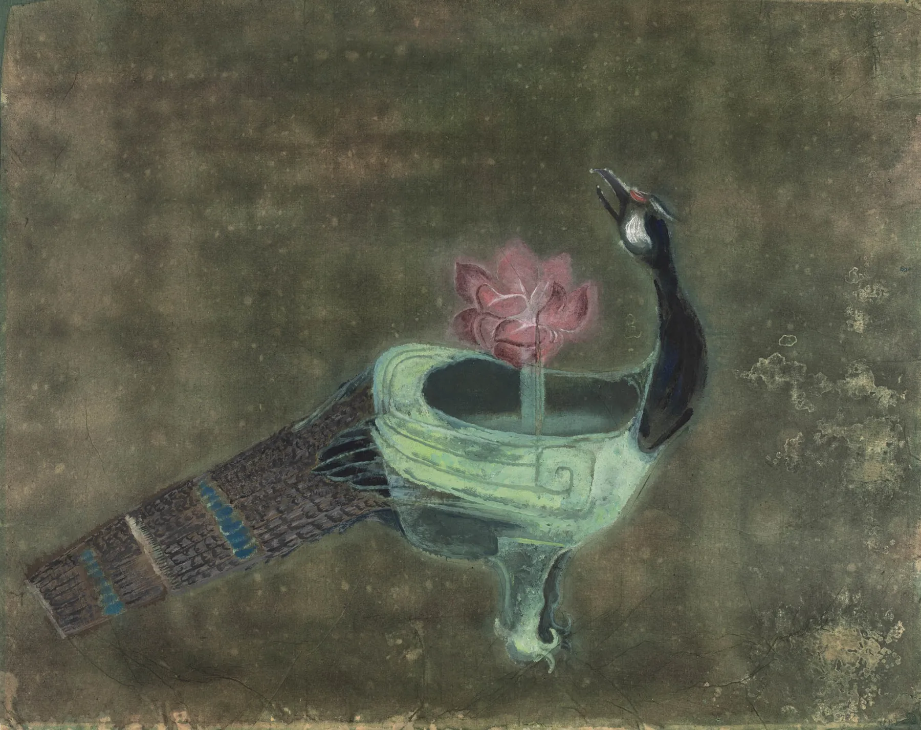 A traditional painting depicting a stylized pheasant with an elongated neck and intricate feather details, serving as the base of a vessel. The vessel, rendered in shades of green and blue, contains a blooming pink lotus flower that emits a soft glow. The background consists of a textured, aged surface with muted green and brown tones, adding an antique quality. The artwork combines elements of realism and symbolism, evoking a sense of mysticism and reverence.