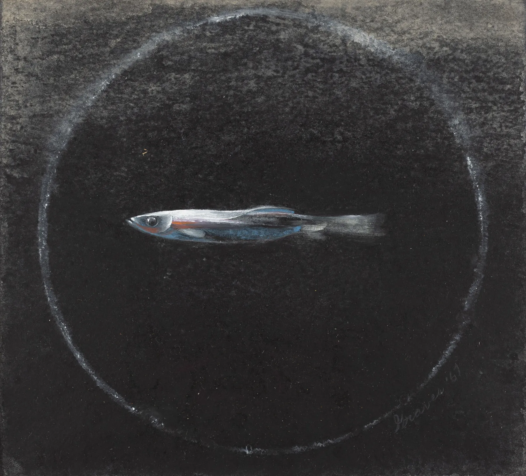 A surreal painting depicting a small, silver-blue fish floating horizontally in the center of a dark, textured background. A faint, glowing circular outline surrounds the fish, creating a sense of containment or focus. The fish is detailed, with reflective scales and a streamlined body, contrasting sharply against the nearly black surroundings. The composition is minimalist yet evokes a sense of isolation or suspended motion. The artist's signature and the year "'67" appear in the lower right corner.