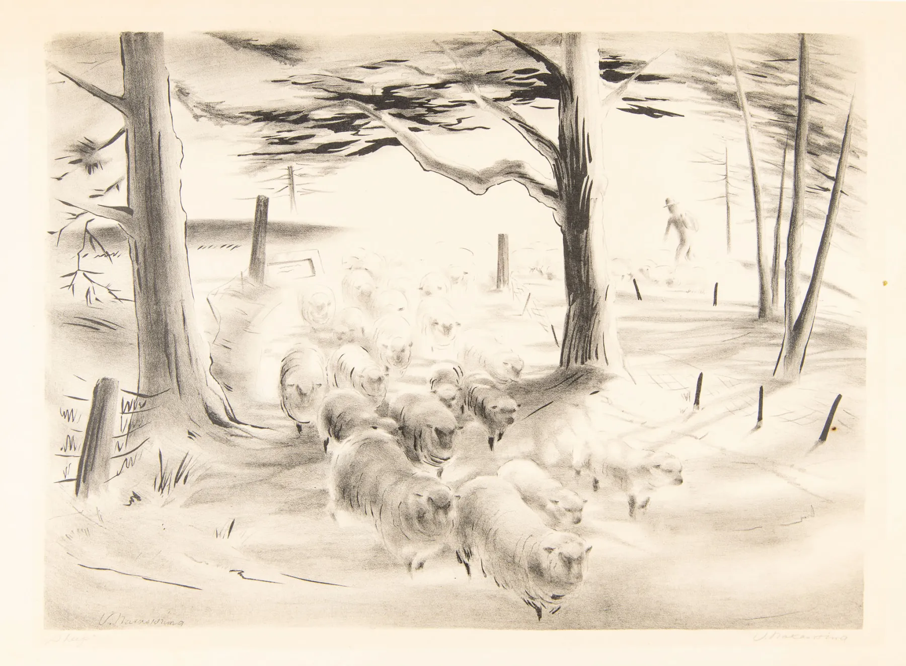 A black-and-white lithograph depicting a flock of sheep moving along a dirt path, framed by tall, windswept trees. The sheep in the foreground appear detailed and voluminous, while those in the background fade into a hazy, light-filled scene. A shepherd, dressed in a hat and long coat, stands in the distance, guiding the herd. The artwork uses expressive shading and gestural lines, giving the composition a sense of motion and atmosphere.