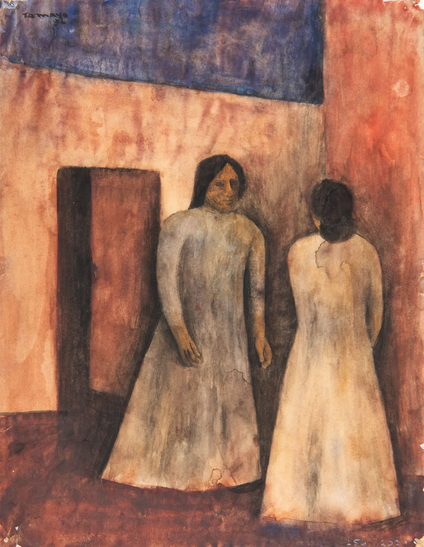 A watercolor painting depicting two women in long, flowing dresses standing near the entrance of a building with textured, earth-toned walls. One woman faces the viewer with an expressionless face and dark, straight hair, while the other has her back turned. The background consists of a muted red and beige wall with a deep blue upper section, creating a contrast with the earthy tones. The brushstrokes and color blending give the painting a dreamlike, atmospheric quality.