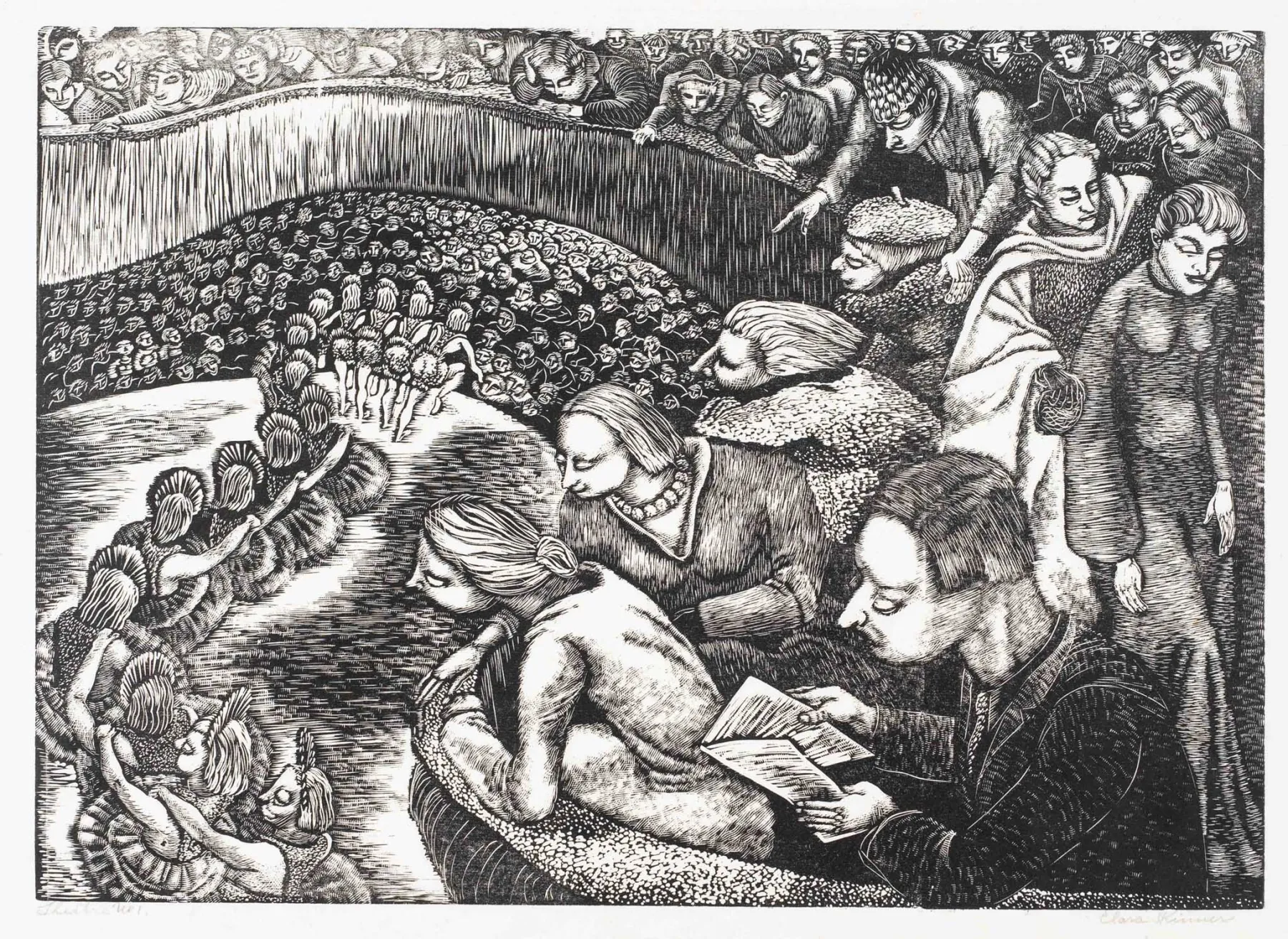 A black and white woodcut print depicting a crowded theater scene with an audience watching a ballet performance. The foreground shows elegantly dressed spectators, some engaged in conversation, while others intently observe the dancers. A man in the lower right reads a program. The ballet dancers, arranged in a semi-circle, wear tutus and feathered headpieces. The background is densely packed with additional audience members leaning over the balcony railing. The intricate cross-hatching and exaggerated features give the composition a surreal and expressive quality.