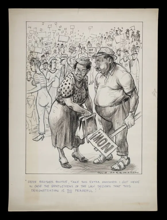 Ollie Harrington's cartoon depicting a woman giving a man a hammer at a civil rights protest, with a crowd and police in the background. The caption humorously suggests the hammer is for self-defense if the protest is considered "too peaceful."