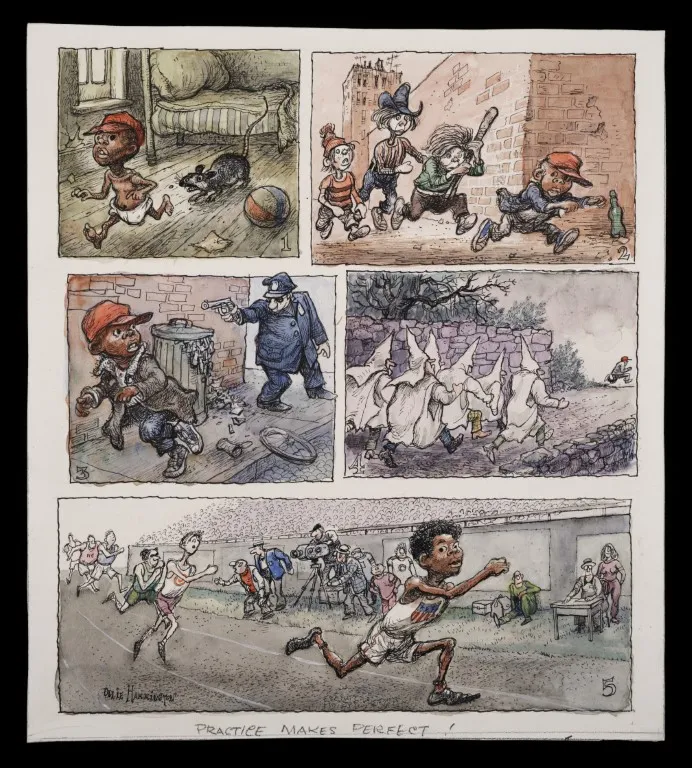 A five-panel cartoon by Ollie Harrington titled "PRACTICE MAKES PERFECT!" The panels show a young Black boy learning to run, first from a rat, then from white bullies, then from a policeman, then from the Ku Klux Klan, and finally winning a track race as an adult.
