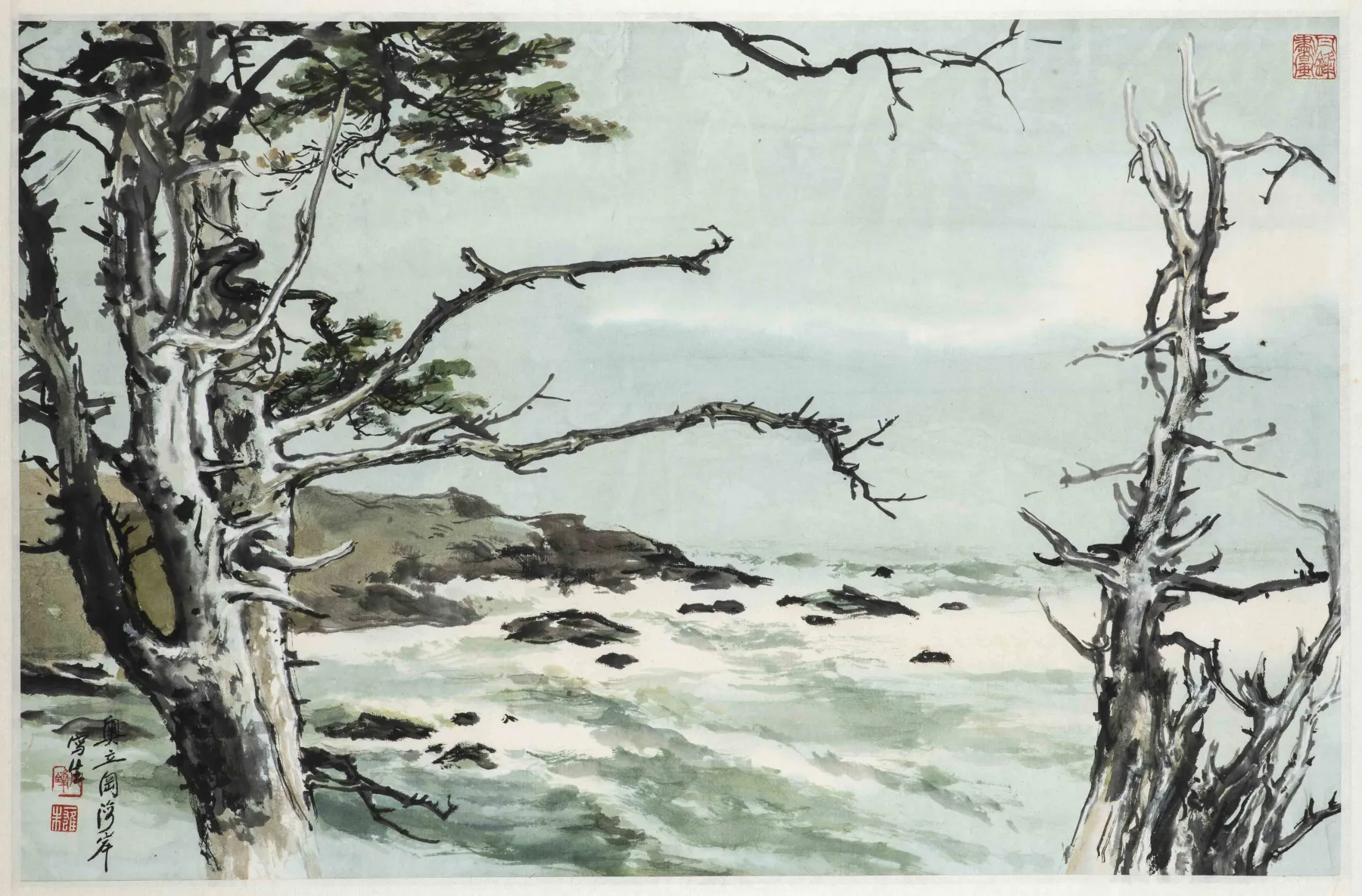 A painting of a seascape with weathered trees in the foreground and surf crashing on the rocks. 
