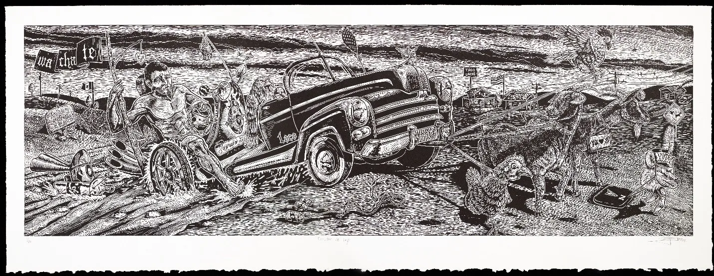 A wide, panoramic black-and-white print illustrating a chaotic roadside scene. On the left, a shirtless man is driving an unconventional vehicle composed of a car chassis and a large spoked wheel through mud or water, with a banner nearby that reads "wa cha te'." The center features a dark, vintage car with "Loco" written on the side door. On the right side of the road, a group of farm animals—including a chicken, goats, a donkey, and a small pig pushing a cart—are gathered near a roadside sign. In the background, a flat landscape houses small buildings under a dark, highly textured sky.