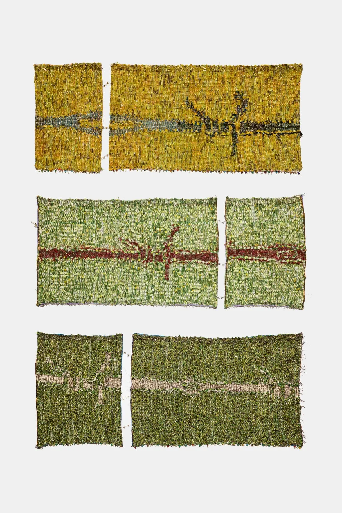 A textile art installation presented in three horizontal rows on a white background. Each row is split into two uneven rectangular sections, creating a fractured appearance. The top row is woven in bright, textured shades of yellow with a dark, branch-like line running horizontally through it. The middle row features shades of light and medium green with a prominent reddish-brown horizontal band reminiscent of barbed wire. The bottom row consists of darker, earthy olive greens with a muted cream-colored horizontal band running across it.