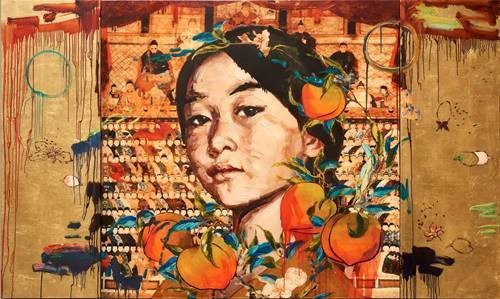 Hung LIU (LIU Hung 刘虹, Chinese-born American, 1948-2121). All the Ancestors, 2011. Mixed media triptych, 60 x 100 inches. Gift of Artist Hung Liu and Trillium Graphics/David Salgado, 2018:25.17a c